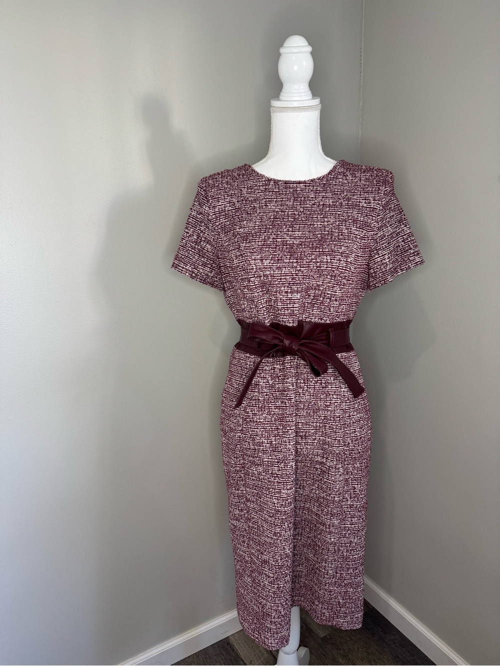 Calvin Klein Burgundy Tweed Midi Jumpsuit with Waist Tie